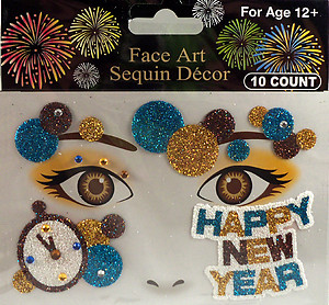 Rhinestone & Glitter Gold, Blue & Brown 'Clock & Happy New Year' Face Art Kit