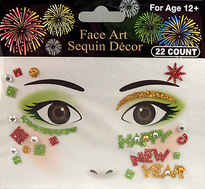 Rhinestone & Glitter Pink, Green & Gold 'Happy New Year' Face Art Kit