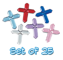 Set of 25 5/8 inch Small Assorted Plastic Cross Jewels with Adhesive